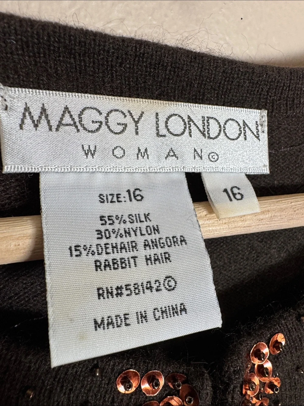 VTG Maggy London Chocolate Brown Cardigan Knit Beaded Trim Angora Silk Classic